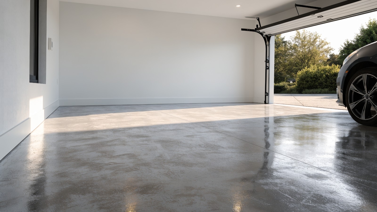 Moderne Garage mit glattem, poliertem Betonboden in Hellgrau, Tageslicht durch das offene Garagentor