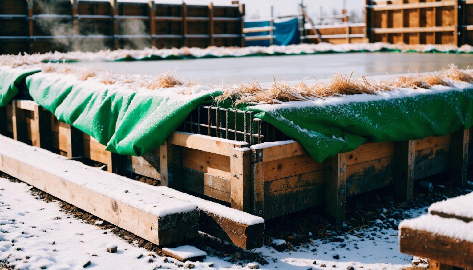 Frisch betonierte Fläche mit Frostschutzmatten auf einer Winterbaustelle