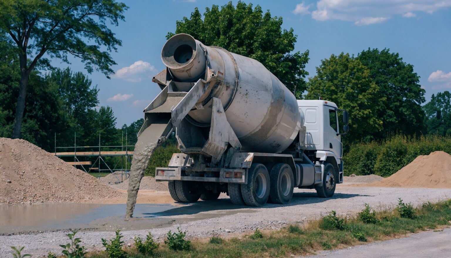 Weißer Fahrmischer liefert frischen Transportbeton über die Rutsche auf einer Baustelle bei Sonnenschein