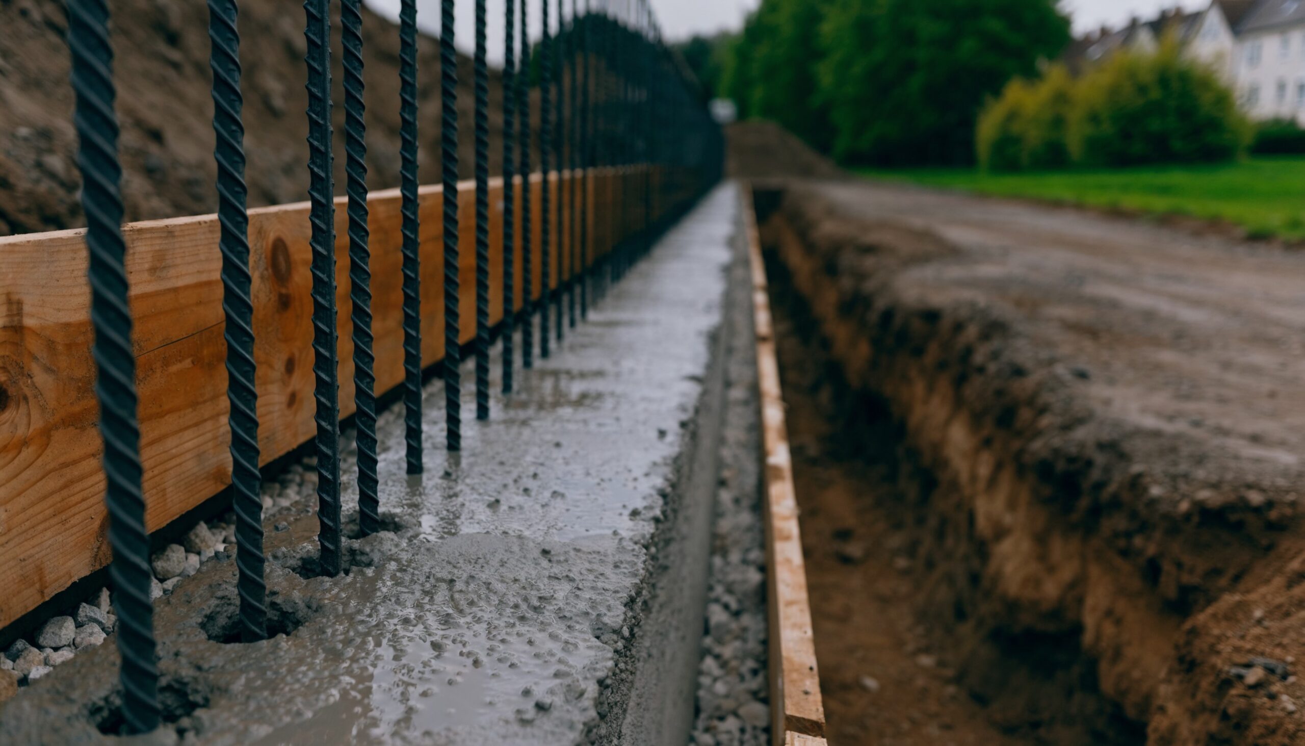 Beton fürs Fundament: frisch betoniertes Streifenfundament mit Bewehrung in der Künette auf einer Baustelle